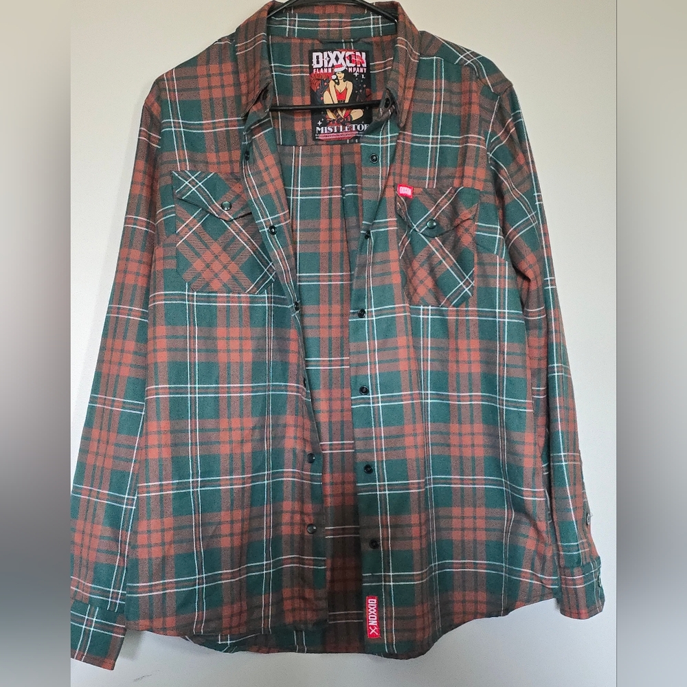 Dixxon Flannel Mistletoe, Plaid Long Sleeve Shirt - Green & Brown